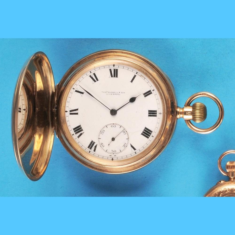 Alexander Harrison comparable auction result: tho ma s russell son liverpool lit loomes p 204 1848 1902 large gold pocket watch with spring cover smooth 9 ct 3 lid gold case