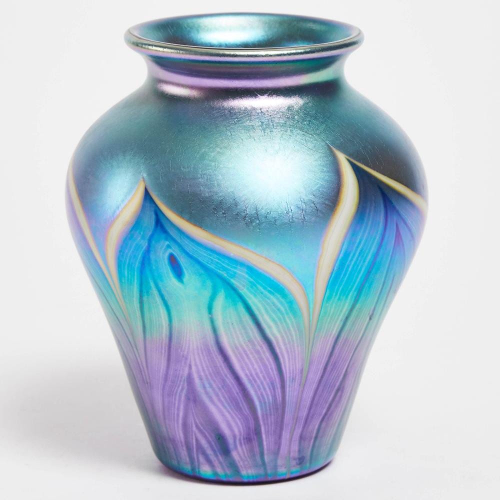 James Lundberg comparable auction result: james lundberg american 1948 1992 iridescent blue feathered glass vase 1975