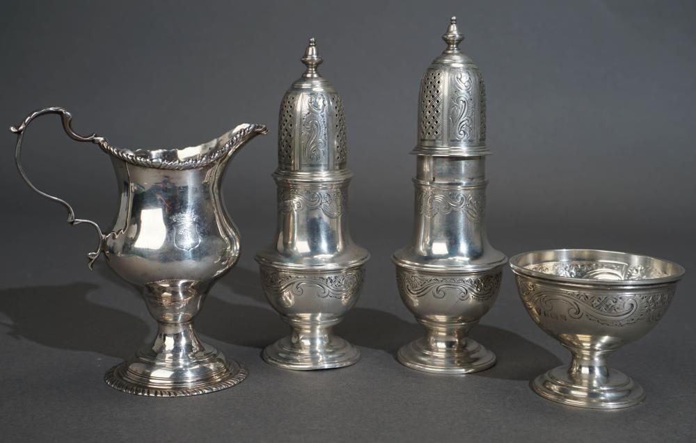 George III Silver Creamer, a Pair of George V Silver Casters and a matching Salt Cellar Total weight: 16 oz sold by Weschler's, lot 146 — auction record photograph