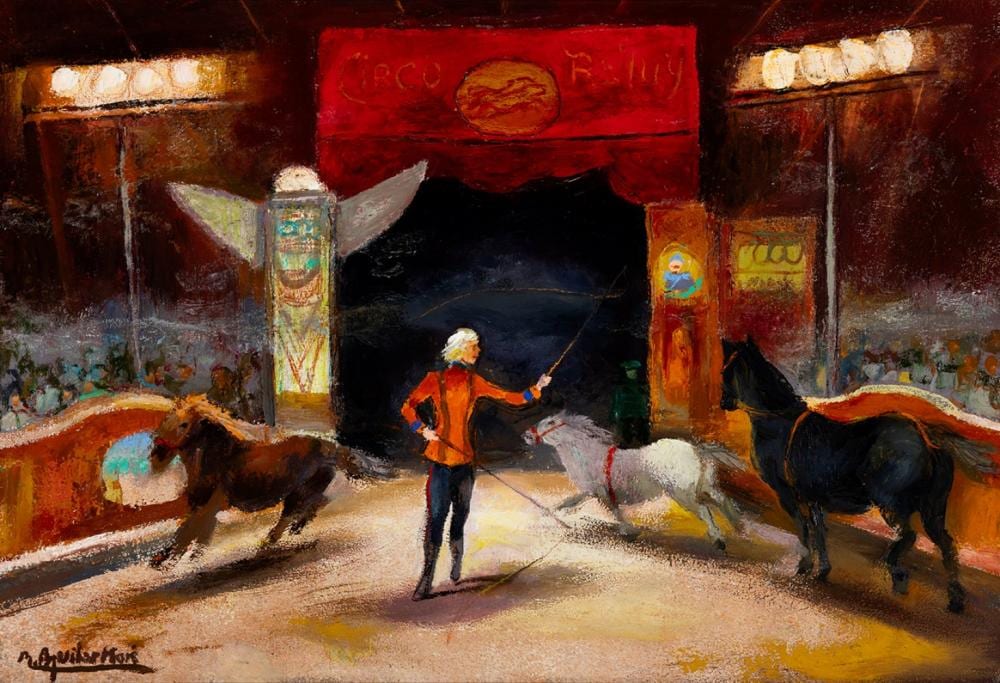 Ramón Aguilar Moré comparable auction result: ram n aguilar mor barcelona 1924 2015 circus scene mixed media on panel signed in the lower left corner