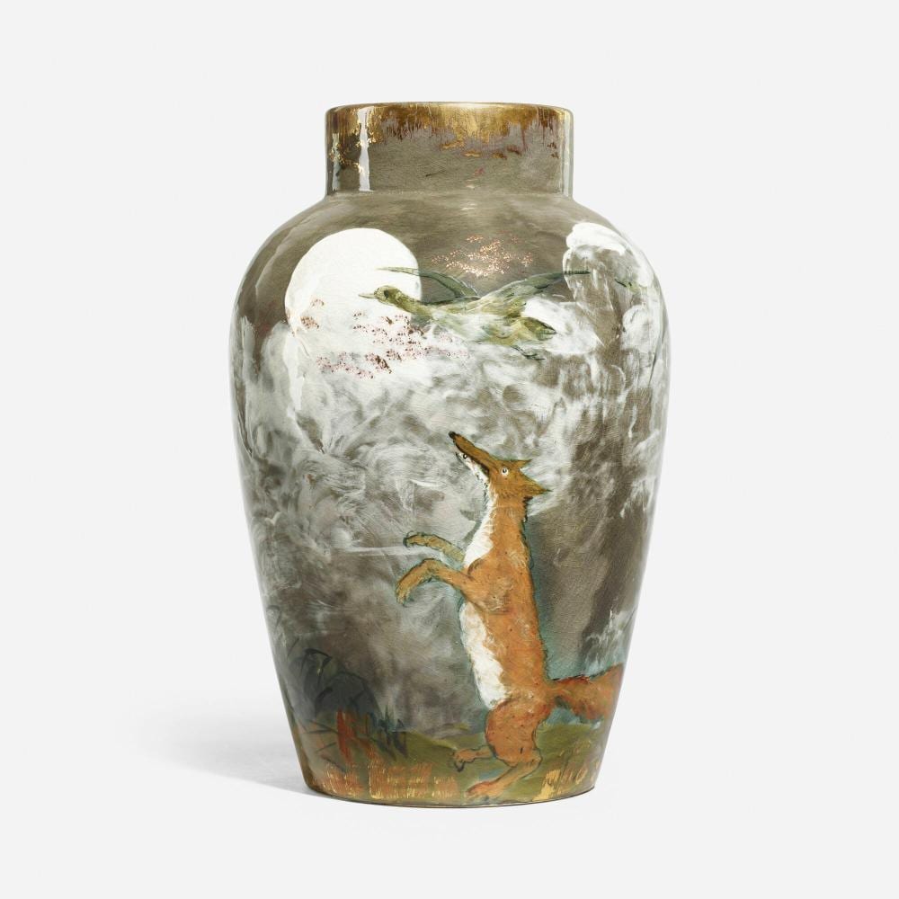 Maria Longworth Nichols comparable auction result: maria longworth nichols storer attribution for rookwood pottery important early limoges style vase with foxes chasing flying geese