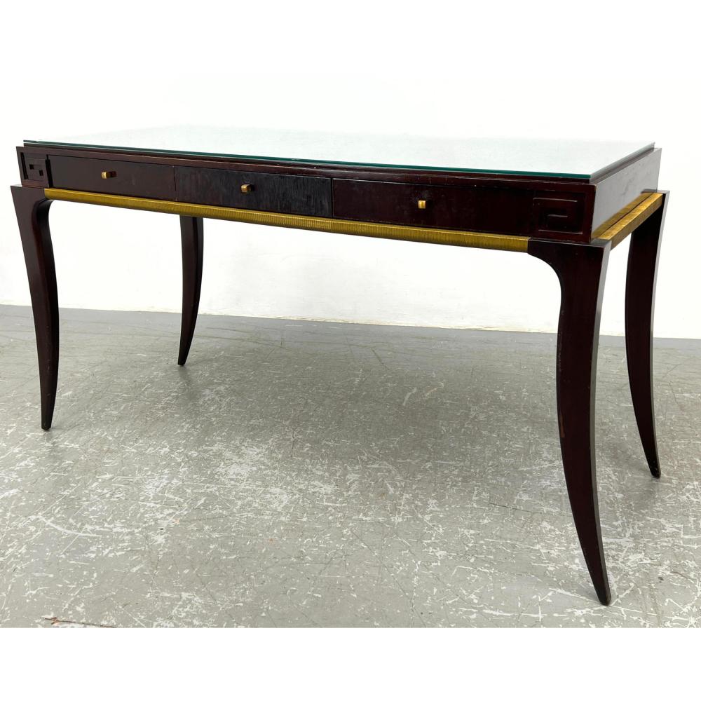 BAKER WRITING DESK TABLE. THOMAS PHEASANT COLLECTION. ELEGANT SABER LEGS. THREE DRAWERS. METAL ACCEN sold by Uniques & Antiques, lot 81 — auction record photograph