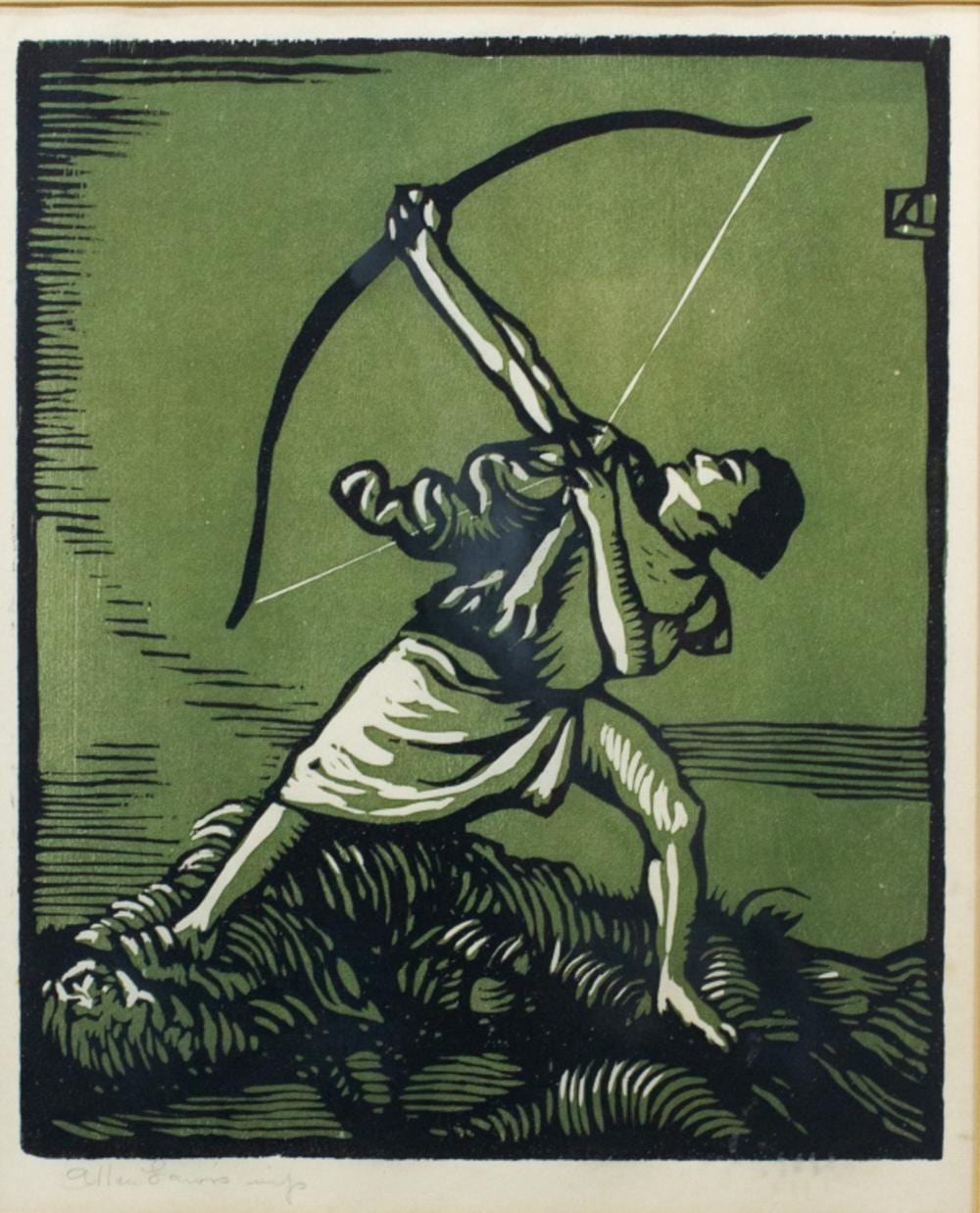 Allen Lewis comparable auction result: allen lewis archer woodcut print