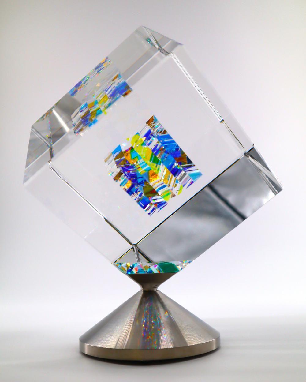 Jon Kuhn (American, B. 1949), 'Blue Moon - 2024' 6 Layers Glass Art Cube Sculpture, Rotating Base sold by Joshua Kodner, lot 48 — auction record photograph