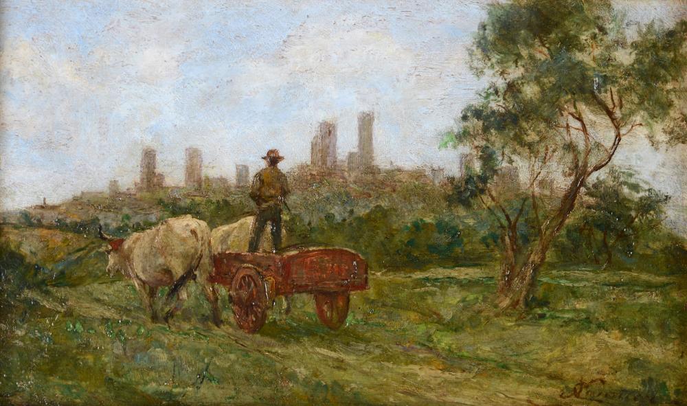 Niccolò Cannicci comparable auction result: niccol cannicci firenze 1846 1906 contadino sul carro con san gimignano sullo sfondo