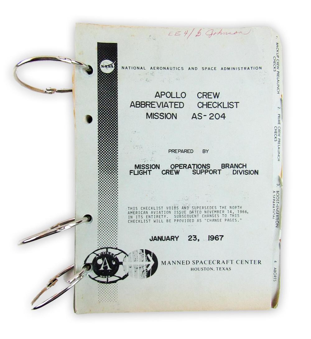 Rare Apollo 1 (AS-204) Crew Abbreviated Checklist, Dated 4 Days Prior to Fire sold by University Archives, lot 119 — auction record photograph
