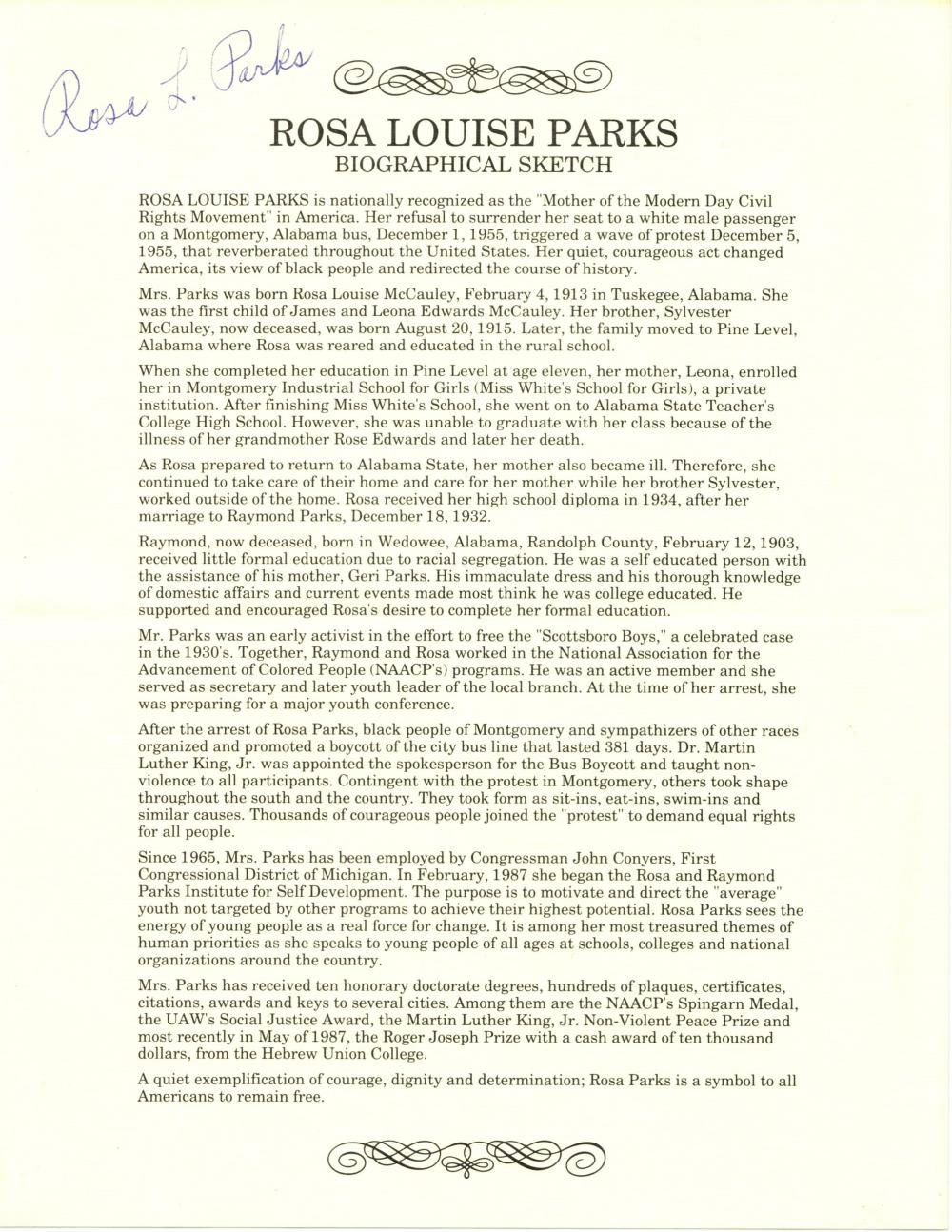 Rosa Parks Signed Biographical Sketch "Her quiet, courageous act changed America, its view of black people and redirected the course of history." sold by University Archives, lot 218 — auction record photograph