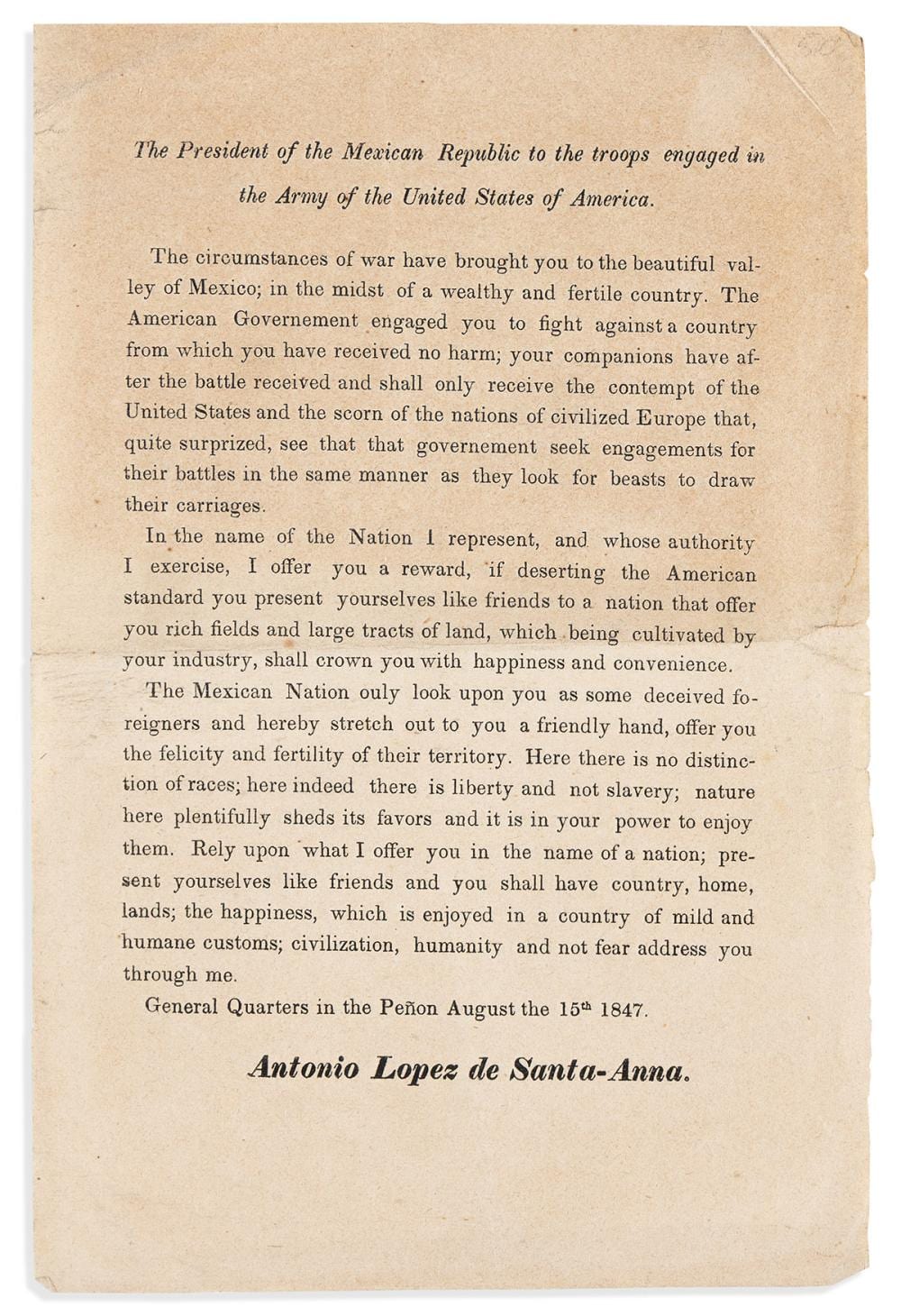 Antonio Lopez comparable auction result: mexican war antonio lopez de santa anna the president of the mexican republic to the troops engaged in the army of the