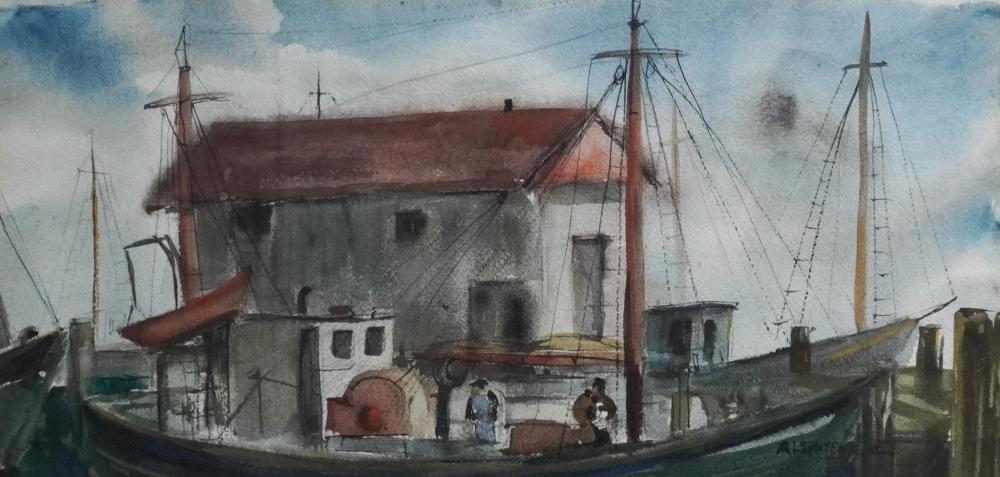 catherine tharp altvater american 1907 1984 docked boats watercolor on paper signed l r frame 18 1 2 x 29 in 47 x 73 7 cm · Weschler's · 2024-06-11 Catherine Tharp Altvater comparable auction result: catherine tharp altvater american 1907 1984 docked boats watercolor on paper signed l r frame 18 1 2 x 29 in 47 x 73 7 cm