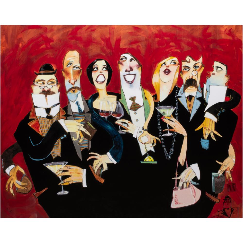 Colorful artwork showing a group of stylized people in suits and evening wear, standing in front of a red background with drinks in hand.