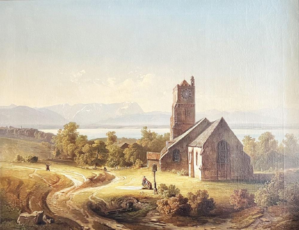 August Christian Geist comparable auction result: august christian geist 1835 1868 vormittag motiv am starnbergersee mit einer alten kirche signiert und datiert 1854 l lw