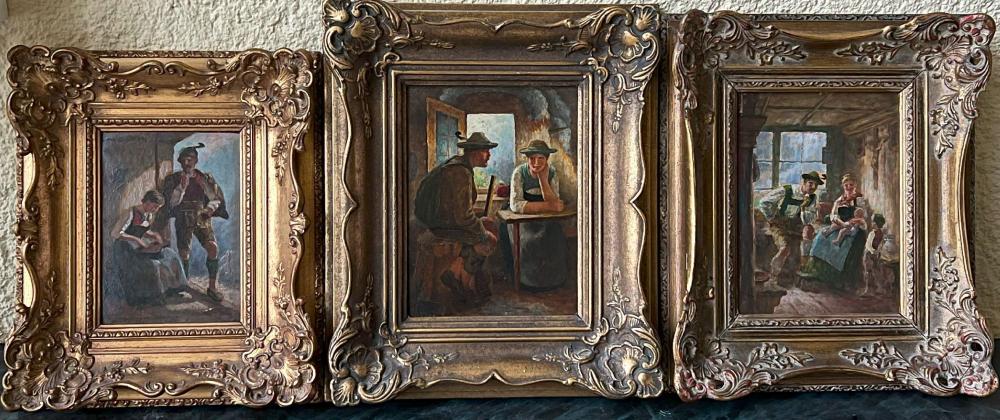 Maximilian Wachsmuth comparable auction result: maximilian wachsmuth 1859 1912 3 x oberbayerische szenen teils altersspuren ein fescher junger mann in lederhosen lauscht ein
