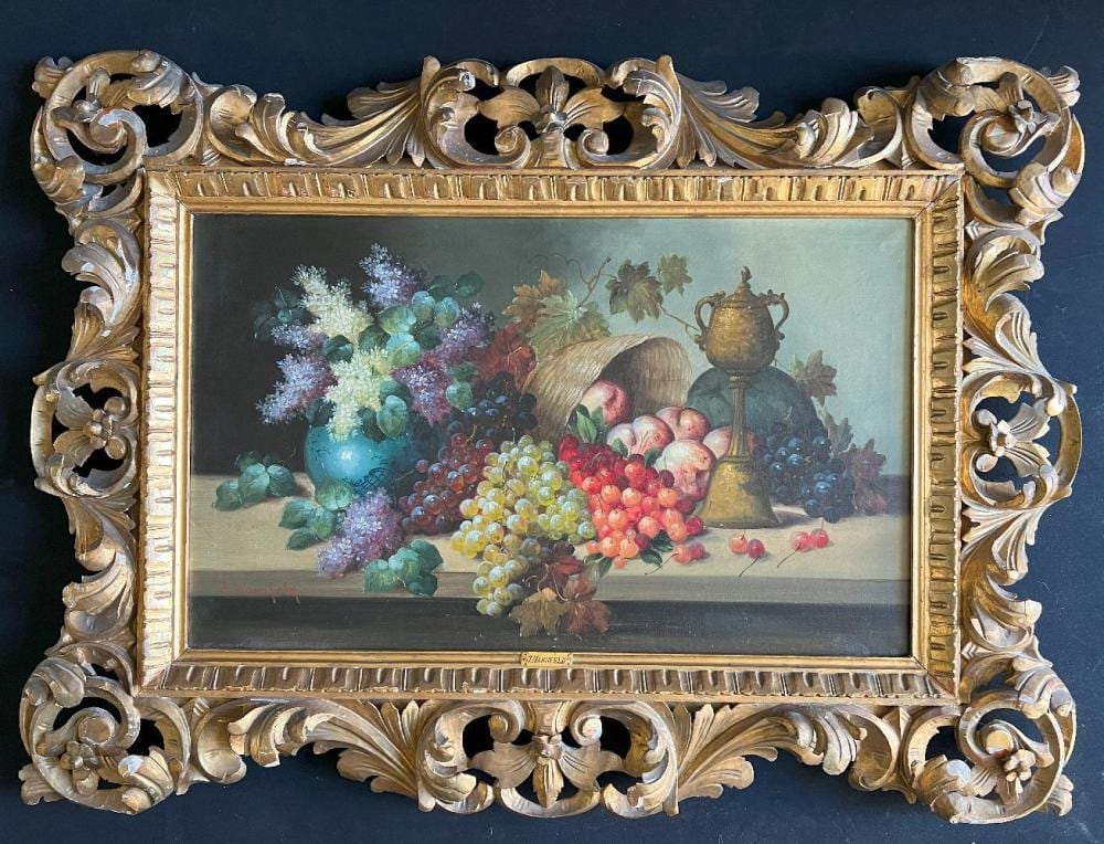 Josef (1819) Mansfeld comparable auction result: josef mansfeld 1819 1894 stilleben mit flieder trauben kirschen und pfirsichen signiert l lwd 50 x 81 cm gerahmt 85 x 11