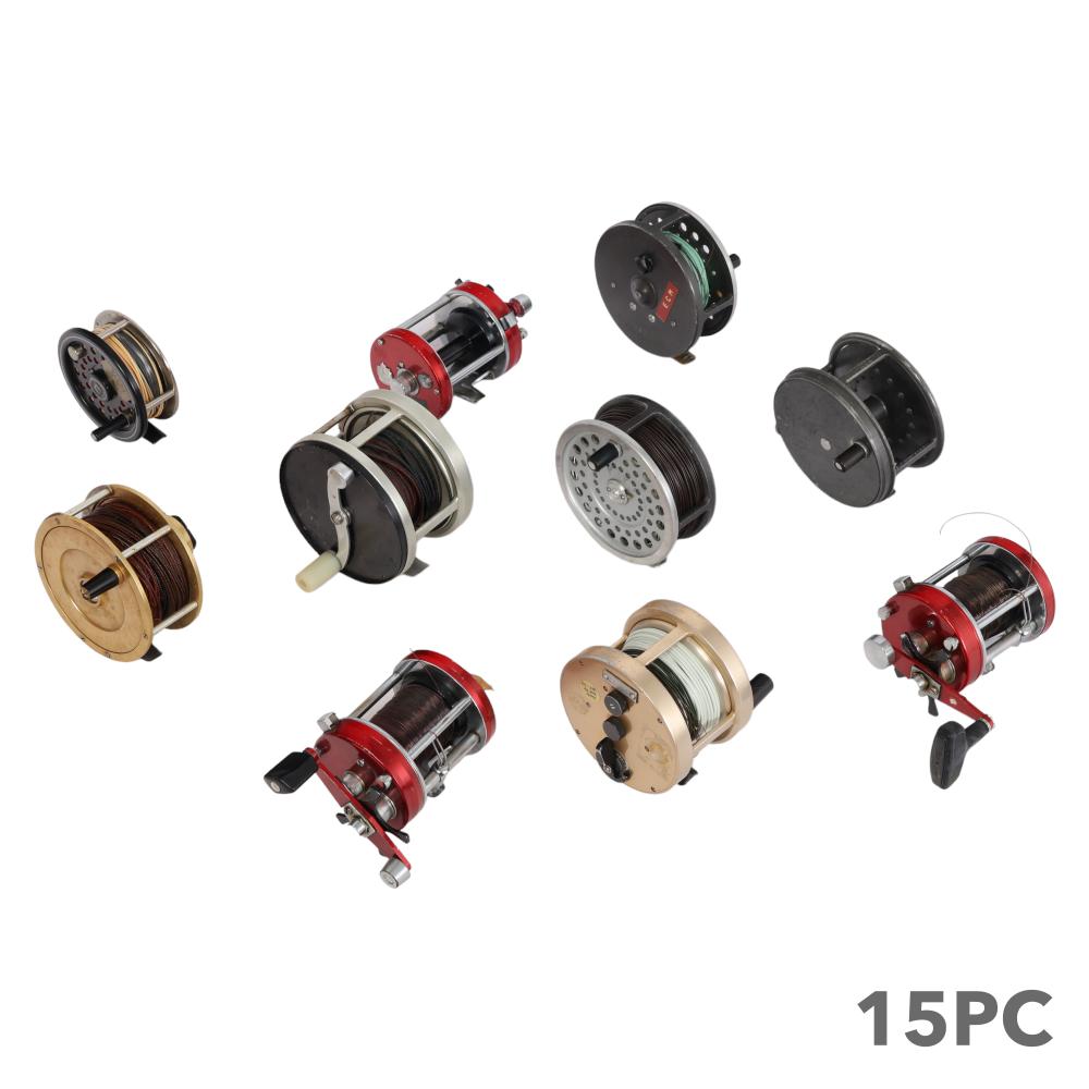 Nine fly-fishing bait casting reels shown from multiple angles on a white background, with red and silver frames and spooled lines.