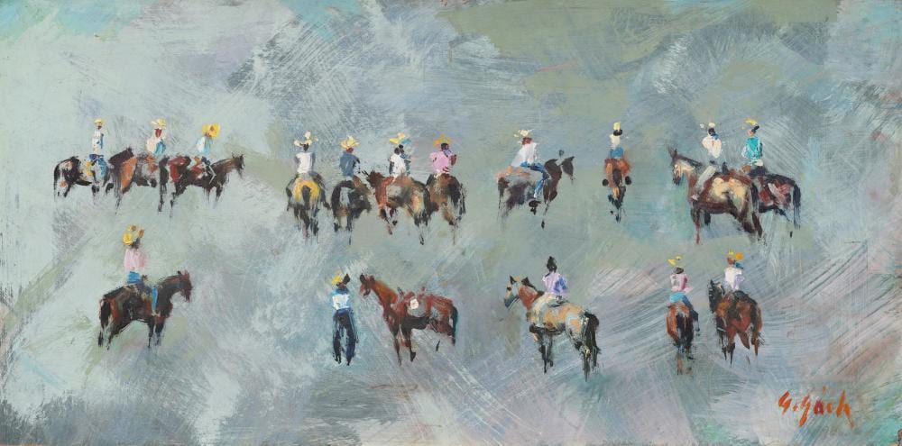 George Gach comparable auction result: george gach 1909 1996 antique american modernist western cowboy signed oil painting