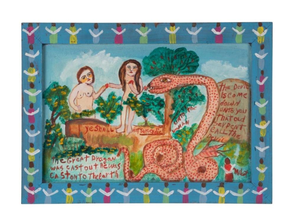 Myrtice West comparable auction result: myrtice west adam eve folk art acrylic