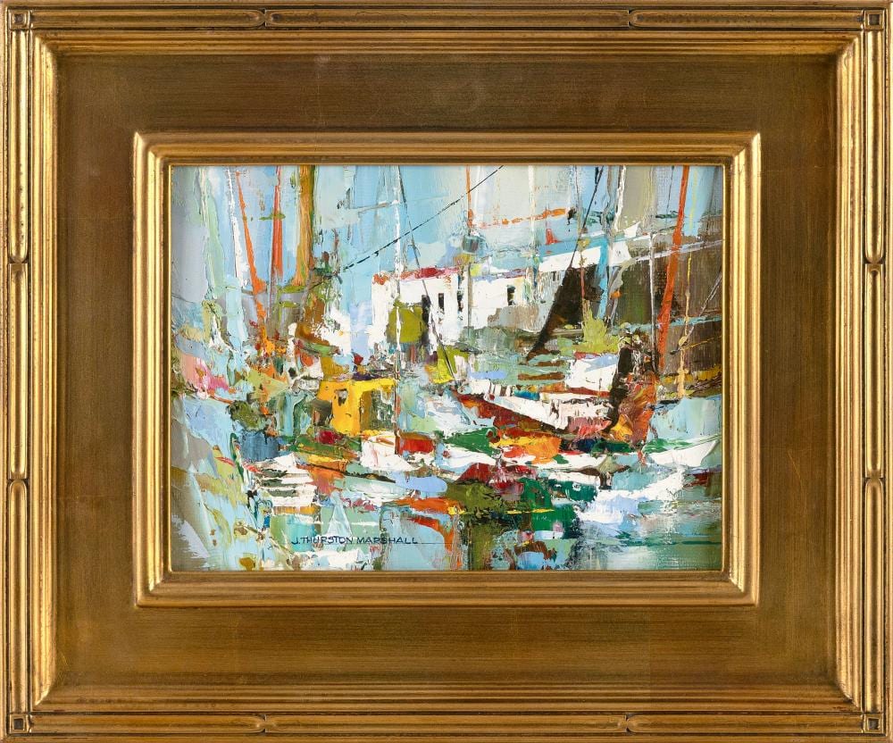 J. Thurston Marshall comparable auction result: john thurston marshall massachusetts 1908 1982 busy harbor scene oil on board 9 x 12 framed 15 5 x 18 5