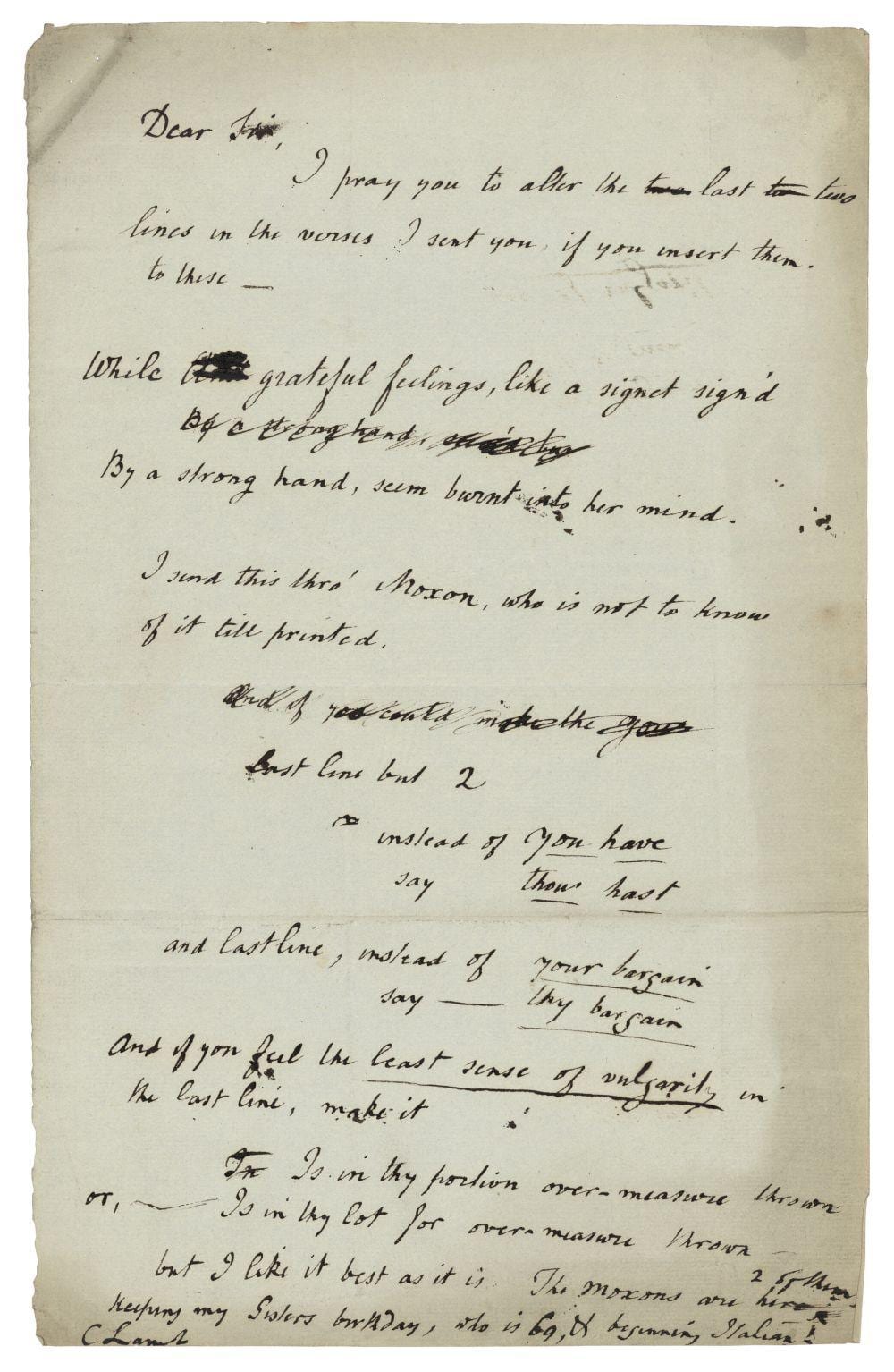 Charles Vincent Lamb comparable auction result: charles lamb 1775 1834 autograph manuscript poem signed c lamb to