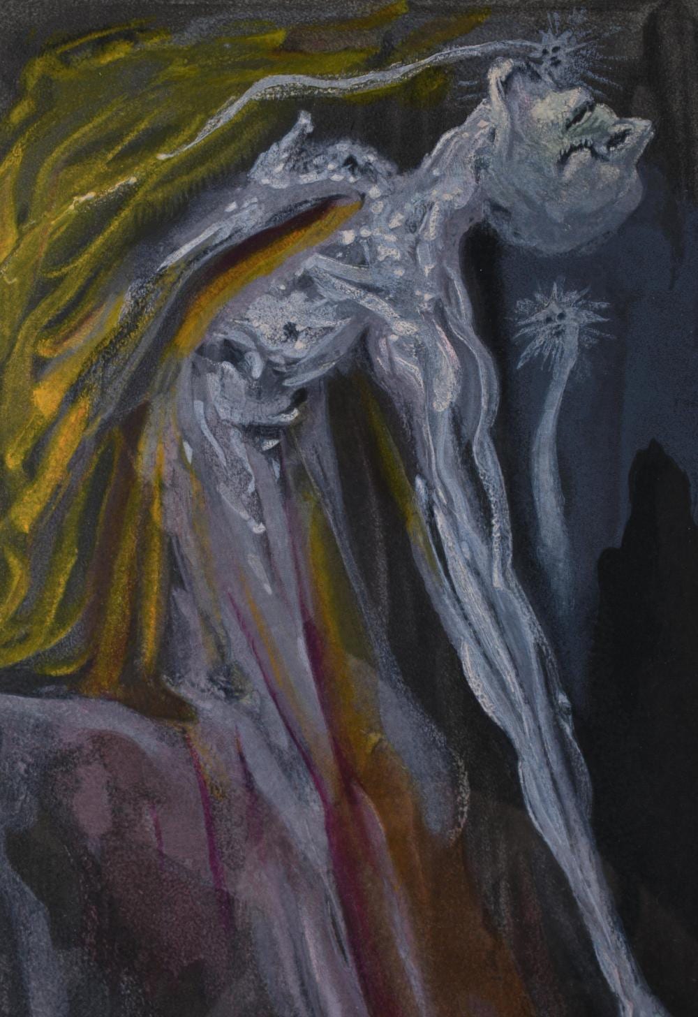 Close-up of a framed print showing ghostly blue-gray figures with flowing garments in a dramatic, shadowy scene.