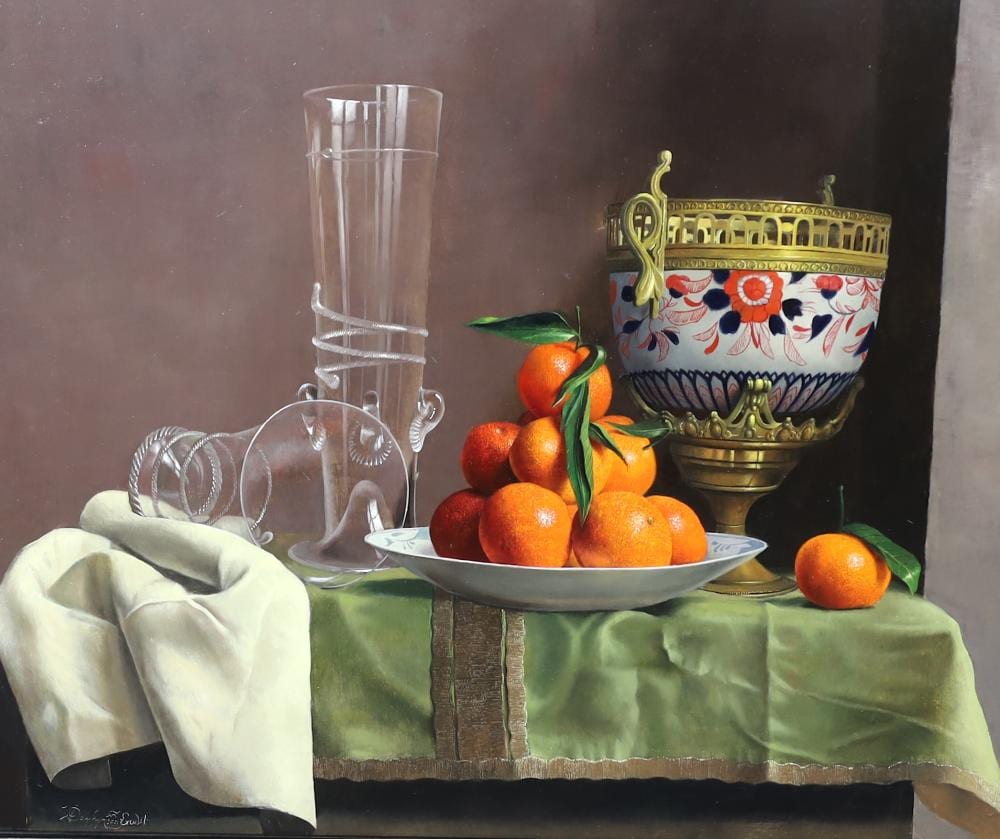 Willem Dolphyn comparable auction result: willem dolphyn belgian 1935 2016 still life of oranges glassware and an ormolu mounted vase upon a draped table oil on panel 49 x 58cm