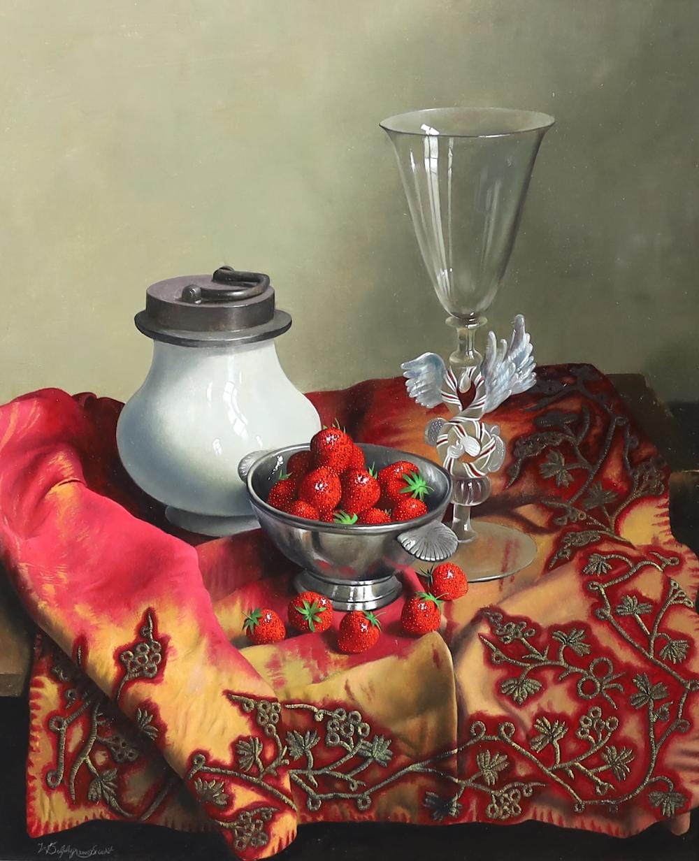 Willem Dolphyn comparable auction result: willem dolphyn belgian 1935 2016 still life of strawberries in a pewter bowl a venetian glass a pewter mounted flagon and a bullion work cloth oil on panel 59 x 49cm