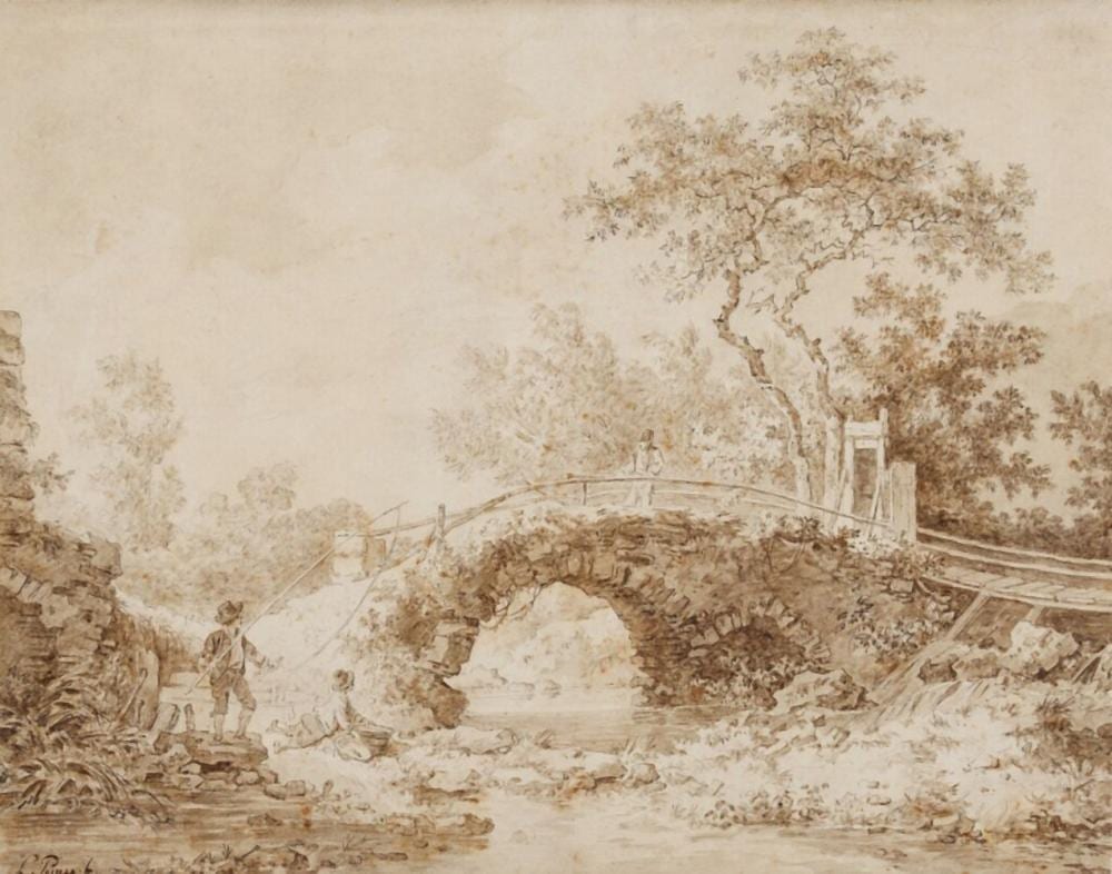 Jean-Bapt. (1734 Maler) Le Prince comparable auction result: fisherman near a bridge