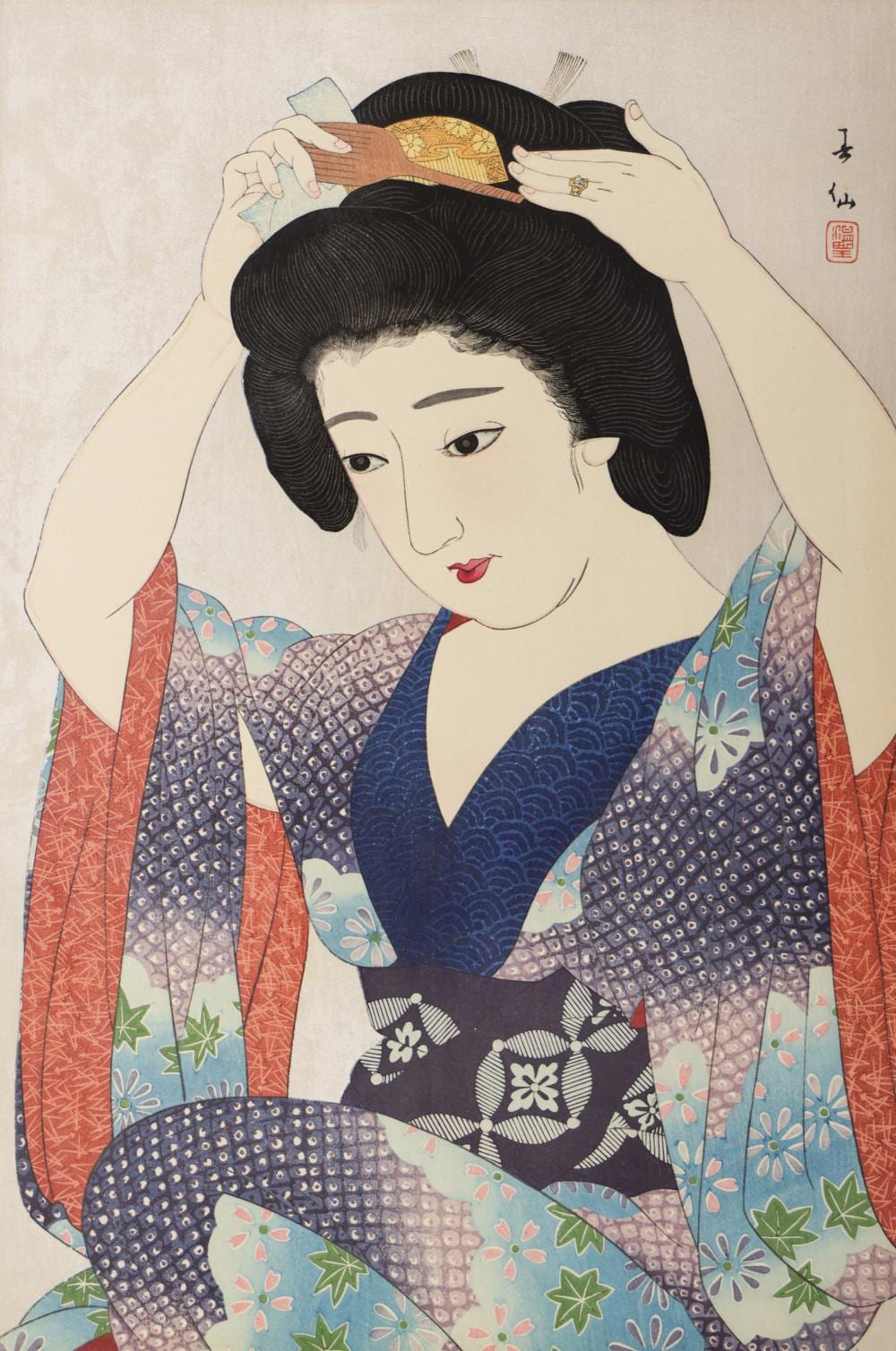 Shunsen Natori comparable auction result: natori shunsen long undergarment woodblock print