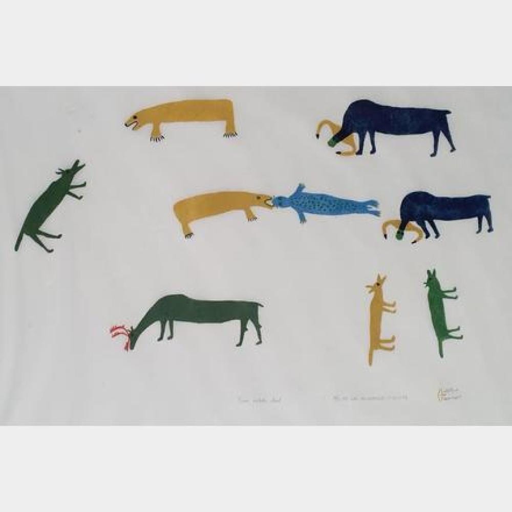 Luke Anguhadluq comparable auction result: luke anguhadluq inuit 1895 1982 bear catches seal 1981 screenprint edition 25 50 signed lower right printed by p iksikaq