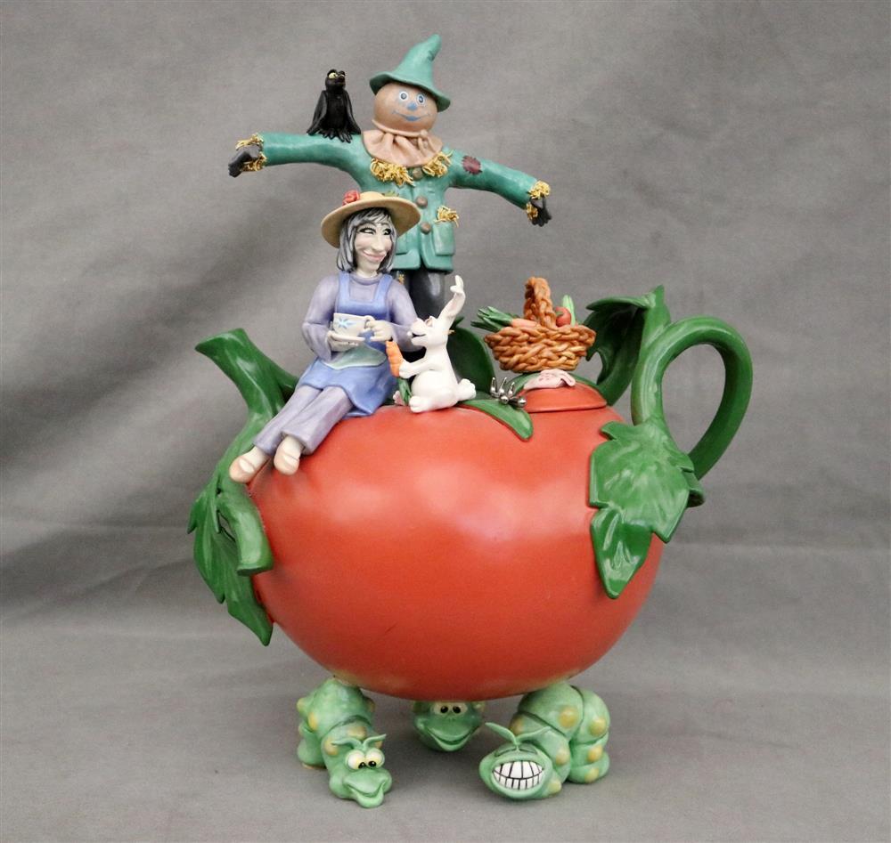 Doug Anderson comparable auction result: doug anderson american born 1952 home grown tomato signed painted ceramic whimsical figural teapot with lift cover h 15