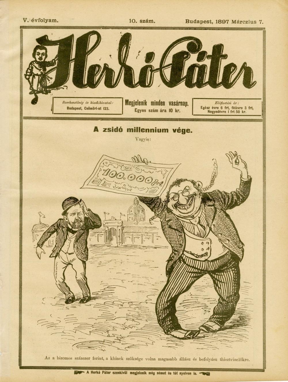 Vintage newspaper page with Hungarian text and a black-and-white satirical illustration showing two men by a river, one carrying a document-like sheet.