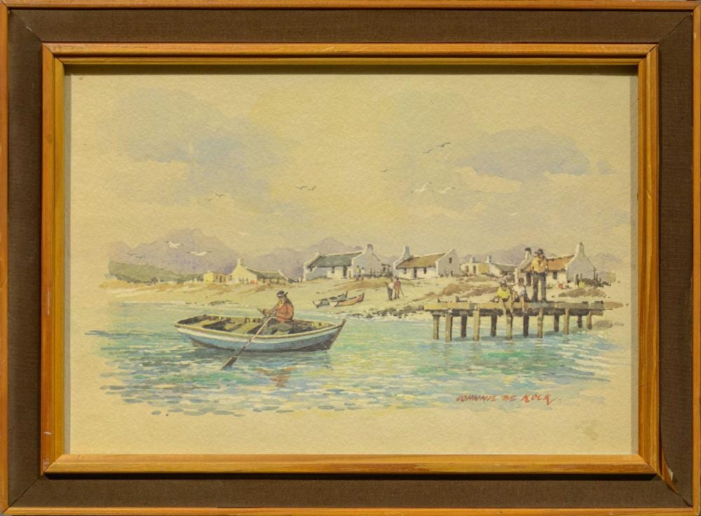 johnnie de kock sa born 1937 2 x watercolours cottage and figures and lake scene signed 19 x 28 each · 5th Avenue Auctioneers · 2024-06-24 Johnnie de Kock comparable auction result: johnnie de kock sa born 1937 2 x watercolours cottage and figures and lake scene signed 19 x 28 each