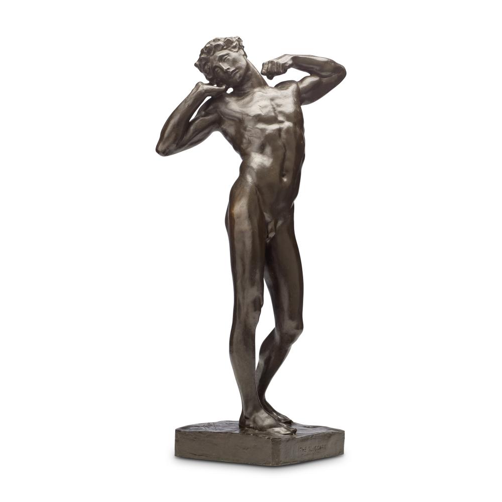 After Lord Frederic Leighton (British, 1830-1896): A patinated bronze figure of 'The Sluggard' Possibly cast by the Morris foundry at the time of its amalgamation with the J.W. Singer foundry, circa 1927 or thereafter sold by Bonhams, lot 152 — auction record photograph