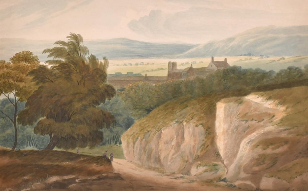 Edward Dayes comparable auction result: edward dayes 1763 1804 watercolour a view of leek staffordshire two figures on a path beside a cliff