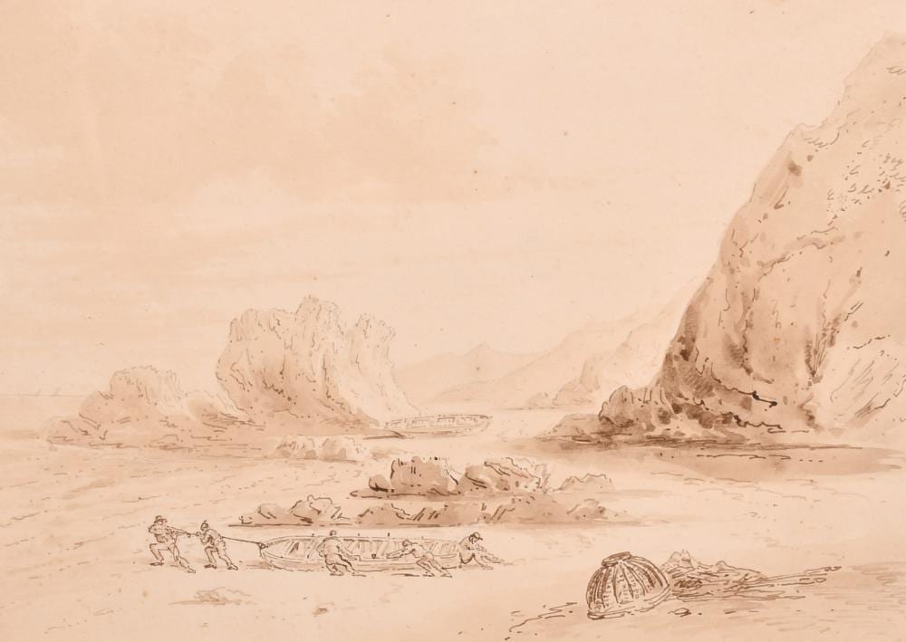 Alexander Monro comparable auction result: alexander monro 1802 1844 l eperguerie sark a channel islands view of fishermen on l epercquerie ink a