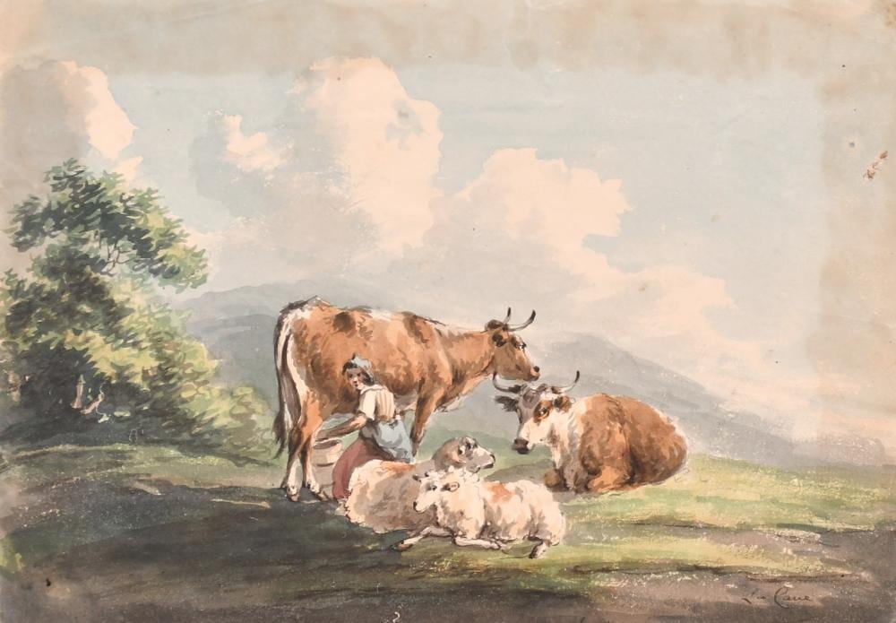 peter le cave 1769 1816 british milking time watercolour signed unframed 5 25 x 7 5 13 3 x 19cm toge · John Nicholson's Fine Art Auctioneers & Valuers · 2024-07-02 Peter LaCave comparable auction result: peter le cave 1769 1816 british milking time watercolour signed unframed 5 25 x 7 5 13 3 x 19cm toge