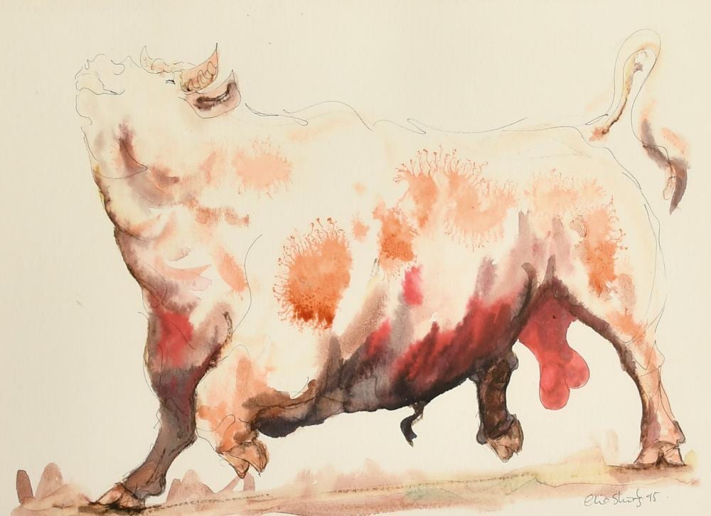 Claire Norrington comparable auction result: claire norrington b 1969 a study of a bull watercolour signed claire shirley 10 5 x 14 5 27 x 37cm