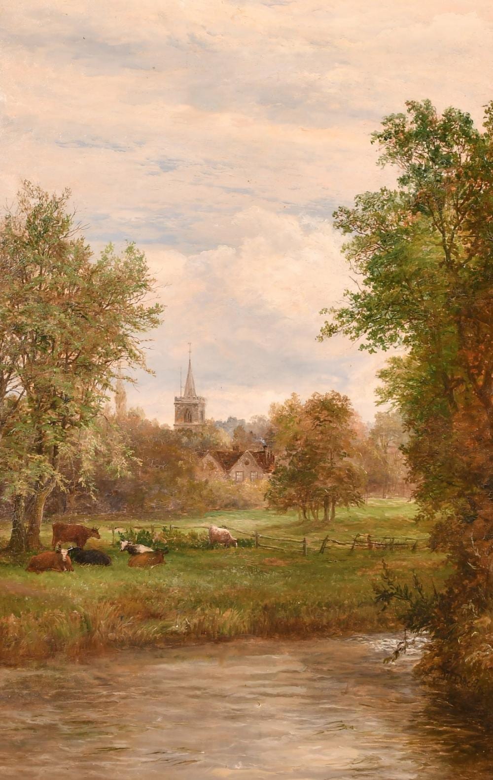 Mark Edwin Dockree comparable auction result: mark edwin dockree late 19th century rickmansworth church with cattle in a meadow oil on canvas signed 2