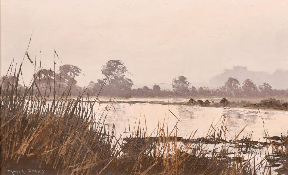 Pamela Derry comparable auction result: pamela derry 1932 2002 a river view oil on board signed 9 x 14 23 x 36cm and another similar by the