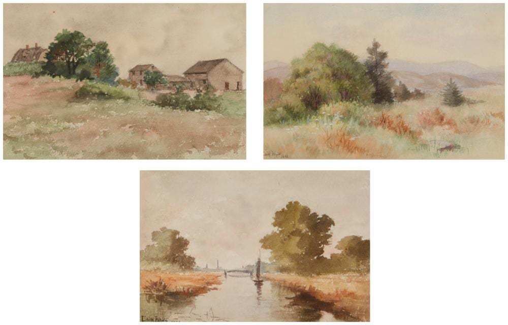edith white 1855 1946 three works cottages in a grassy landscape and small boat on a river 1892 grassy field in a mountainous landscape 1892 · John Moran Auctioneers · 2024-07-16 Edith White comparable auction result: edith white 1855 1946 three works cottages in a grassy landscape and small boat on a river 1892 grassy field in a mountainous landscape 1892