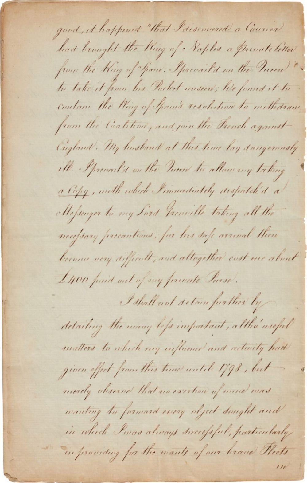 Emanuel de la Villéon comparable auction result: emma lady hamilton manuscript memorandum recounting her services to the british in naples 1813