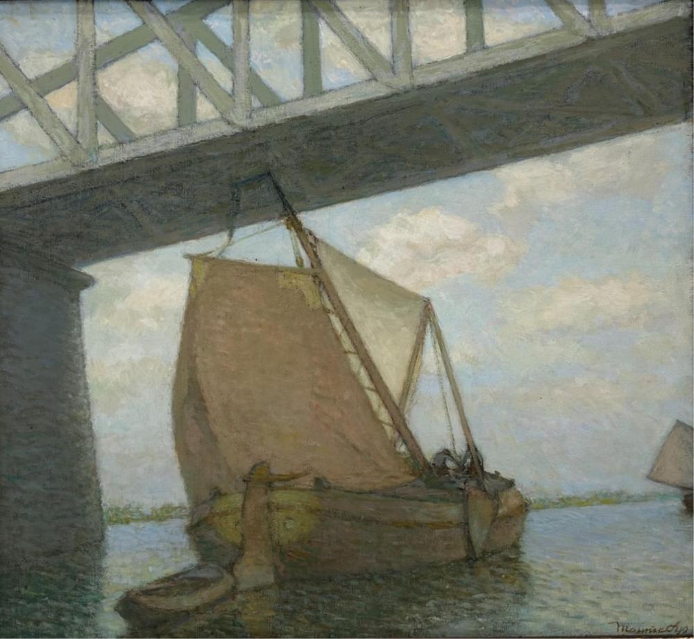 Painting of a small sailing boat near a stone bridge pier with cloudy sky and reflections in water.