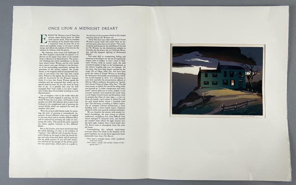 ernest william watson massachusetts 1884 1969 once upon a midnight dreary color woodcut on paper 8 5 x 10 5 unframed · Eldred's · 2024-07-18 Ernest William Watson comparable auction result: ernest william watson massachusetts 1884 1969 once upon a midnight dreary color woodcut on paper 8 5 x 10 5 unframed