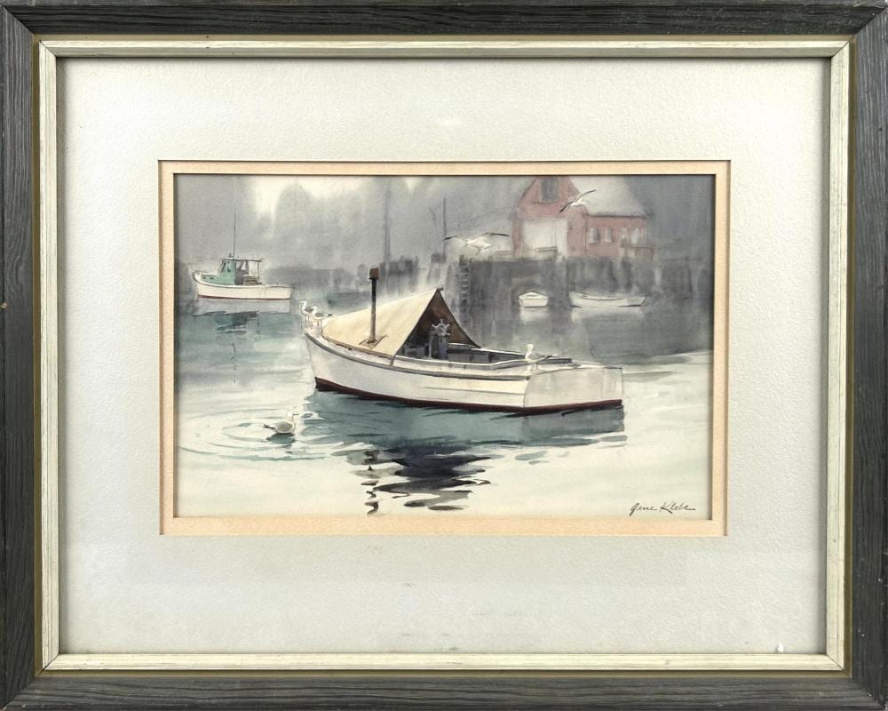 Gene Klebe comparable auction result: gene klebe maine 1907 2009 lobster boat moored in a foggy harbor watercolor on paper 7 x 11 sight framed 14 x 17 5
