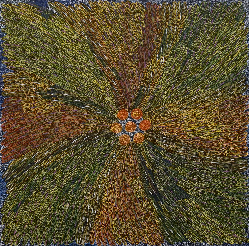 Janet Forrester Ngala comparable auction result: janet forrester ngala sugar bag dreaming acrylic on linen 127cm x 129cm