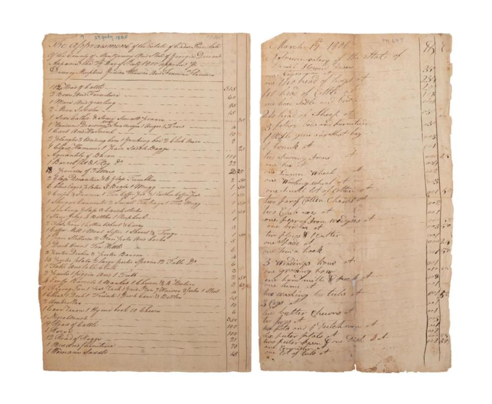 TWO ANTEBELLUM ESTATE APPRAISALS WITH SLAVES sold by Ahlers & Ogletree Inc., lot 138 — auction record photograph