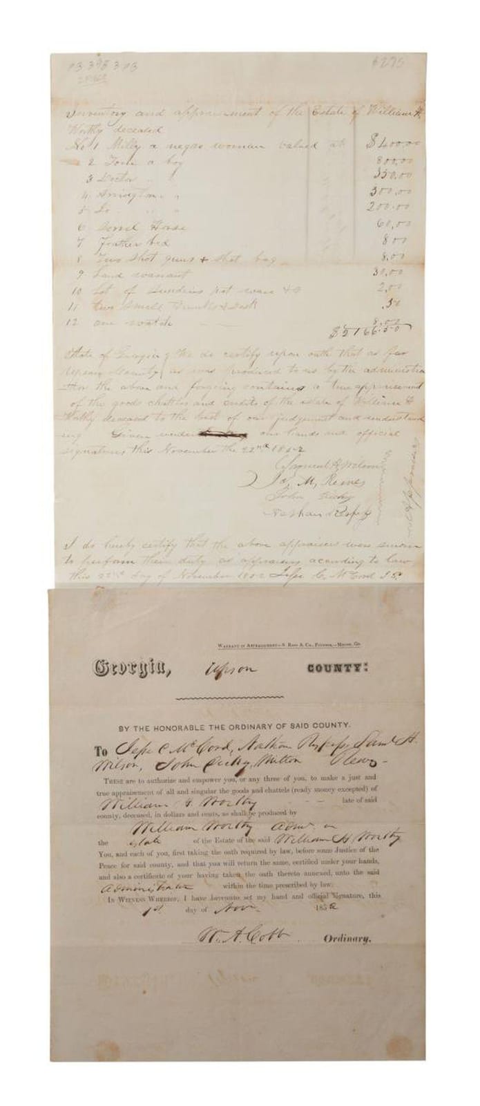 TWO ANTEBELLUM ESTATE APPRAISALS LISTING SLAVES sold by Ahlers & Ogletree Inc., lot 158 — auction record photograph