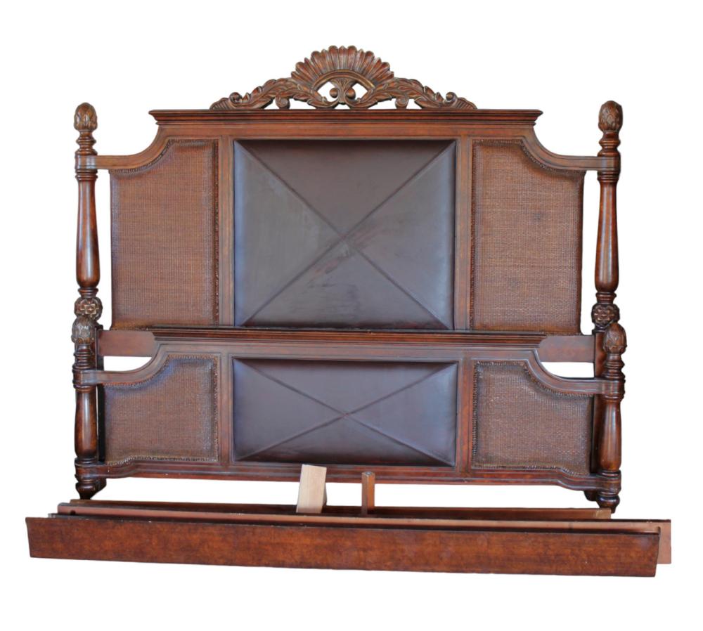 Tommy Bahama King size bed, wicker & leather, pineapple finials sold by South Jersey Auction by Babington Auction Inc., lot 298 — auction record photograph