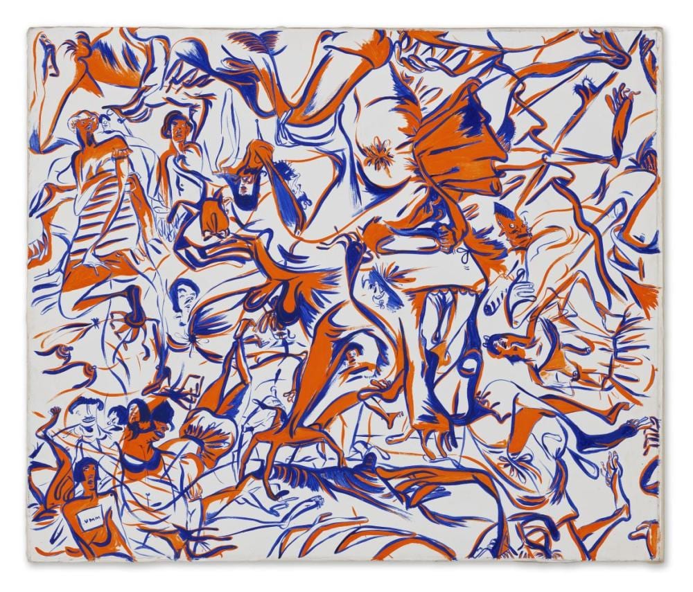 Sue Williams comparable auction result: sue williams b 1954 dark orange blue on white someone in a shower cap