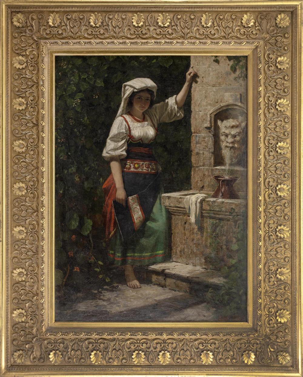 Benoni Irwin comparable auction result: benoni irwin new york california connecticut canada 1840 1896 young woman at a fountain oil on canvas laid down on masonite 33 5 x 24 framed 46 5 x 37 5