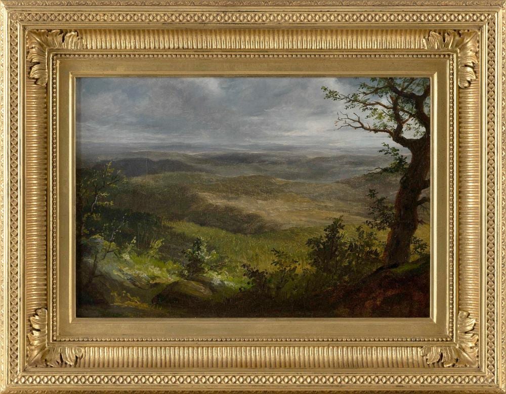 Lemuel Maynard Wiles comparable auction result: lemuel maynard wiles new york california 1826 1905 shawangunk mountains view from top of granit road looking southeast oil on canvas mounted to board 10 x 15 framed